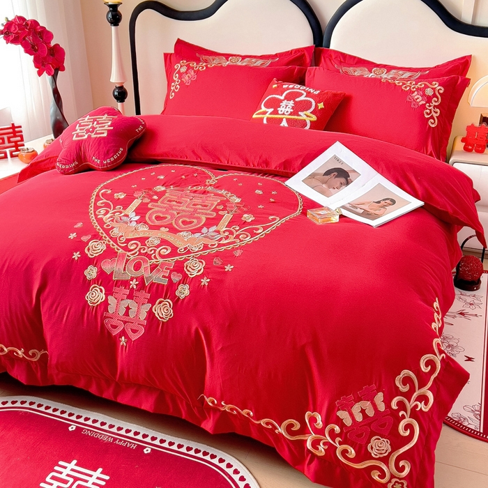 91家纺网 家纺一手货源 找家纺 2025新款100支150克双面长绒棉婚庆绣花四件套 喜韵佳缘