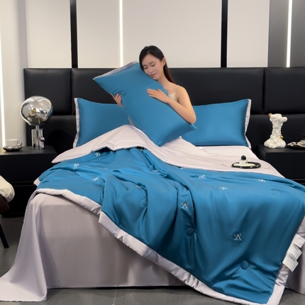 2025新款清凉舒适水洗冰丝刺绣夏被四件套 蝴蝶結-青蓝