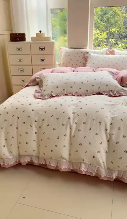 91家纺网 家纺一手货源 找家纺 晨晨家纺2025新款全棉双层花边双层纱四件套 秋实