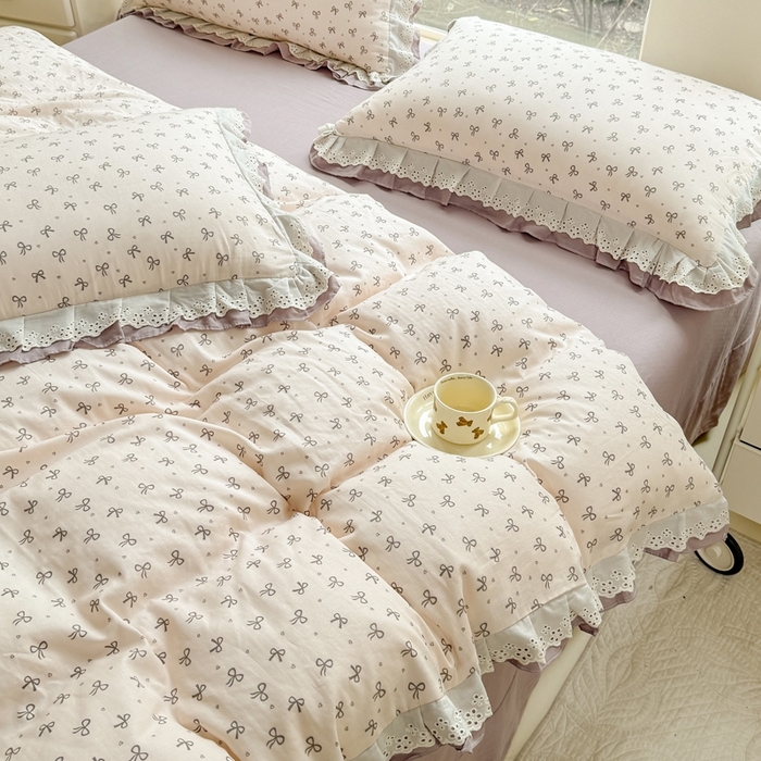 91家纺网 家纺一手货源 找家纺 晨晨家纺2025新款全棉双层花边双层纱四件套 法式少女-咖