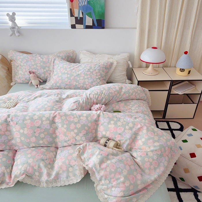 91家纺网 家纺一手货源 找家纺 于果 2025新款全棉双层纱花边款 手捧玫瑰