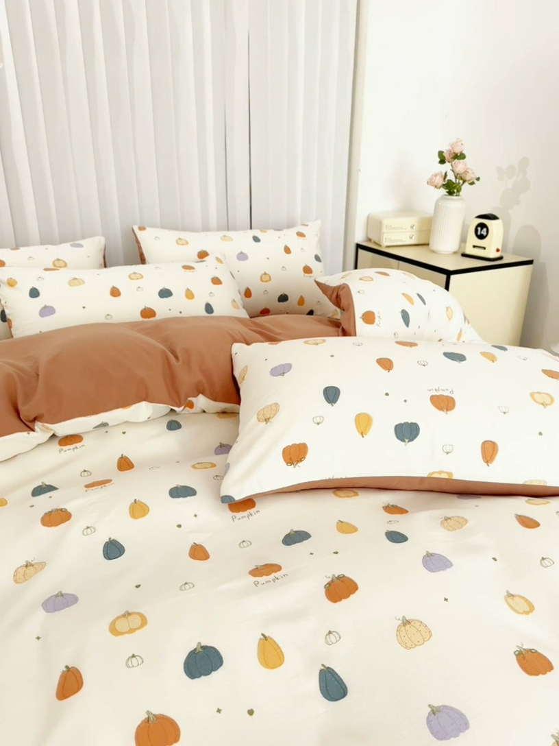 91家纺网 家纺一手货源 找家纺 蕾诺家纺 2025新款直播新款A类有氧提花云纱棉圆角吊边工艺四件套学生三件套 小南瓜