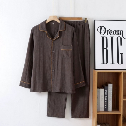 91家纺网 家纺一手货源 找家纺 洛兰沙家居馆【只代发】【只代发】2025新款男款休闲色织纯棉双层纱布睡衣夏季薄款长袖短袖宽松家居服外穿 长袖C008