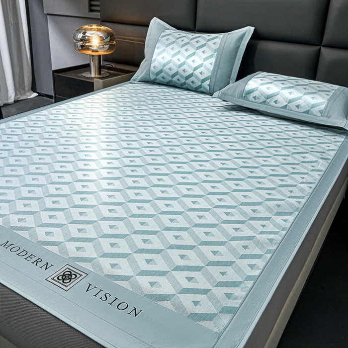 91家纺网 家纺一手货源 找家纺 全季家居 2025新款5A抗菌3D立体冰柔凉感冰丝席 格调-水绿 床笠款