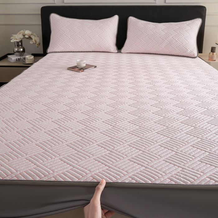 91家纺网 家纺一手货源 找家纺 2025新款韩国外贸爆款加厚PE中分子凉感豆豆软席 时空粉-床笠款