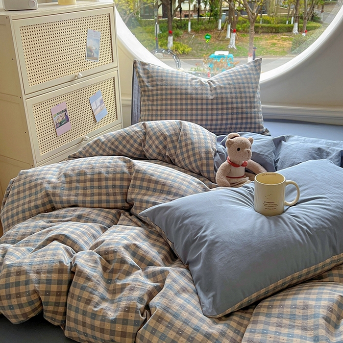 91家纺网 家纺一手货源 找家纺 田野 2025新款全棉水洗棉提花点点系列四件套 点点-深蓝