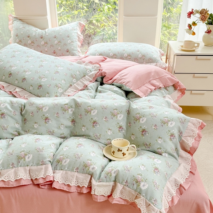 91家纺网 家纺一手货源 找家纺 晨晨家纺2025新款全棉双层花边双层纱四件套 秘密花园