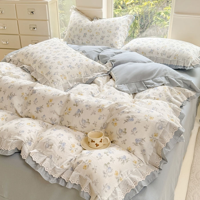 91家纺网 家纺一手货源 找家纺 晨晨家纺2025新款全棉双层花边双层纱四件套 伊甸园之梦-蓝