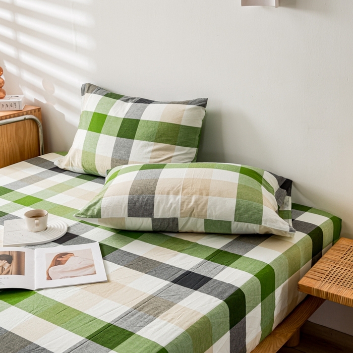 91家纺网 家纺一手货源 找家纺 2025新款A类色织水洗棉单被套 海青鲜绿格