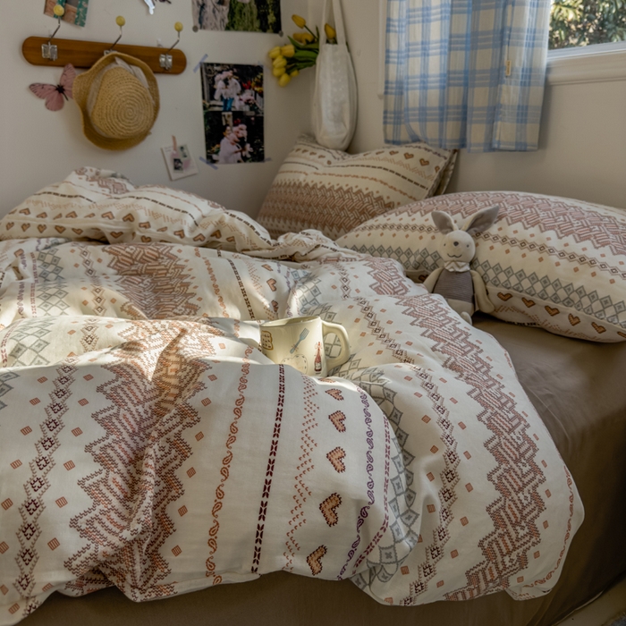 91家纺网 家纺一手货源 找家纺 塔塔家居  2025新款全棉纯棉双层纱床单床笠单品 春和日丽