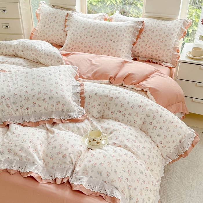 91家纺网 家纺一手货源 找家纺 晨晨家纺2025新款全棉双层花边双层纱四件套 七里香