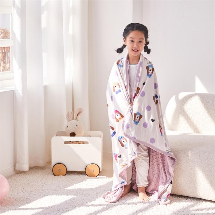 91家纺网 家纺一手货源 找家纺 艾佳宝贝 2025新款A类针织豆豆儿童多功能宿舍午睡安抚盖毯 晚安 小狗-盖毯