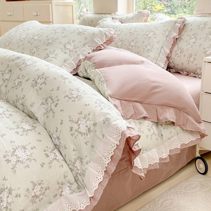 91家纺网 家纺一手货源 找家纺 晨晨家纺2025新款全棉双层花边双层纱四件套 浮生半日-绿