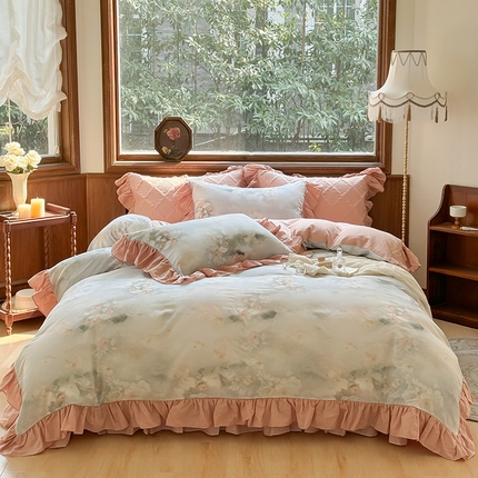 2025新款全棉数码印花双层纱床盖系列 荷塘月色