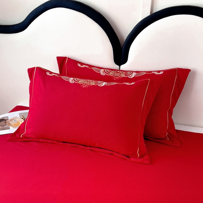 91家纺网 家纺一手货源 找家纺 2025新款100支150克双面长绒棉婚庆绣花四件套 福禄喜财