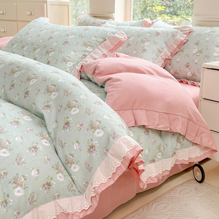 91家纺网 家纺一手货源 找家纺 晨晨家纺2025新款全棉双层花边双层纱四件套 秘密花园