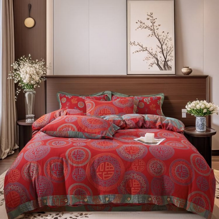 91家纺网 家纺一手货源 找家纺 2025新款全棉色织双层纱纽扣款四件套 福星高照