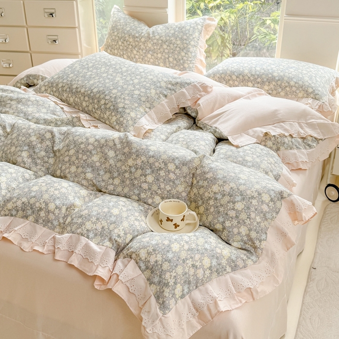 91家纺网 家纺一手货源 找家纺 晨晨家纺2025新款全棉双层花边双层纱四件套 韩式清新-灰