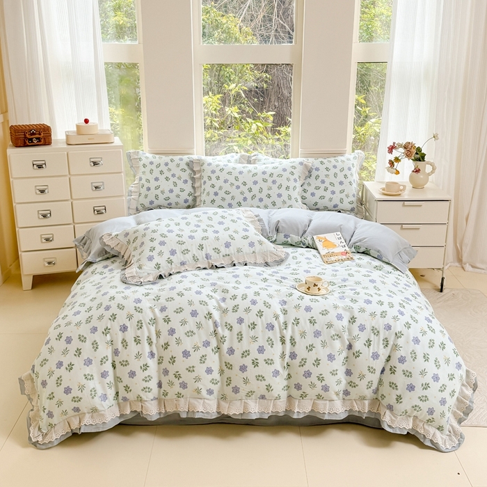 91家纺网 家纺一手货源 找家纺 晨晨家纺2025新款全棉双层花边双层纱四件套 浅浅花漾