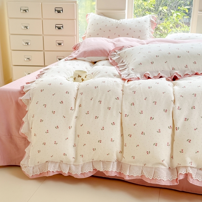 91家纺网 家纺一手货源 找家纺 晨晨家纺2025新款全棉双层花边双层纱四件套 秋实