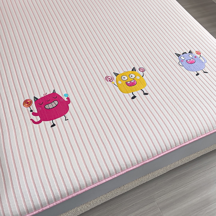 91家纺网 家纺一手货源 找家纺 炫拼  2025新款A类凉豆豆提花条纹卡通刺绣床笠席三件套 小怪兽糖糖