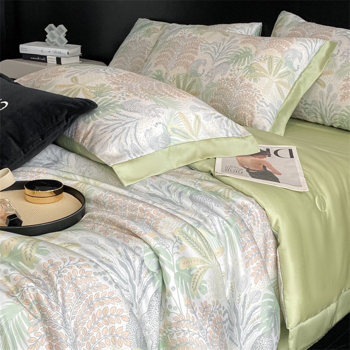 91家纺网 家纺一手货源 找家纺 本制 2025新款水洗真丝印花夏被夏凉被空调被 蔓叶森语+抺茶绿