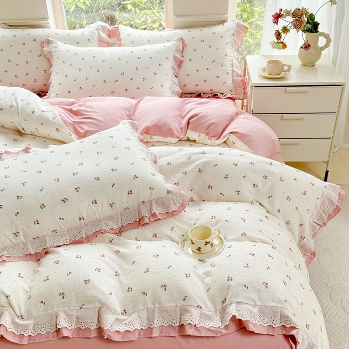 91家纺网 家纺一手货源 找家纺 晨晨家纺2025新款全棉双层花边双层纱四件套 秋实