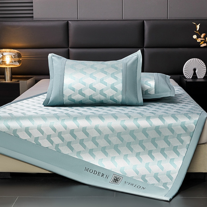 91家纺网 家纺一手货源 找家纺 全季家居 2025新款5A抗菌3D立体冰柔凉感冰丝席 菱形-水绿 床席款