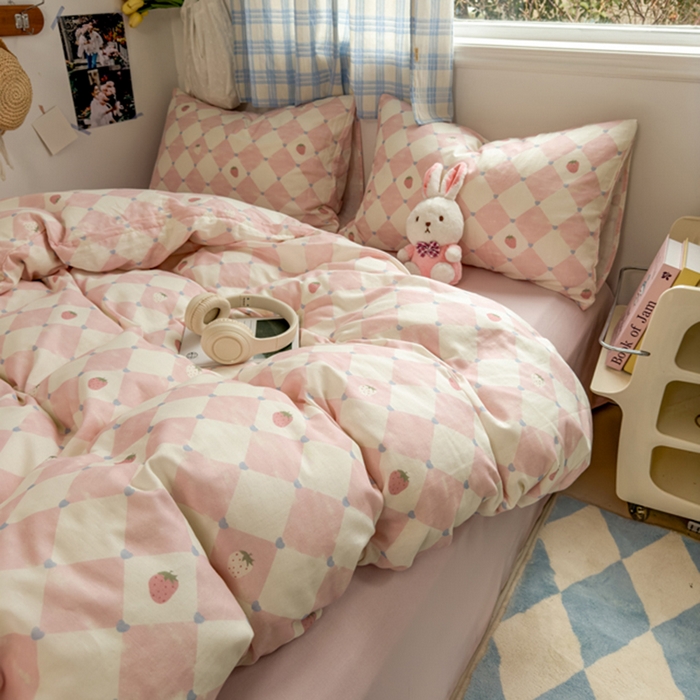 91家纺网 家纺一手货源 找家纺 塔塔家居  2025新款全棉纯棉双层纱四件套 草莓酱·粉