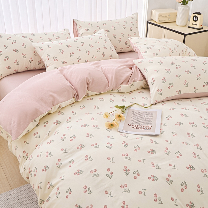 91家纺网 家纺一手货源 找家纺 蕾诺家纺 2025新款直播新款A类有氧提花云纱棉圆角吊边工艺四件套学生三件套 少女花季