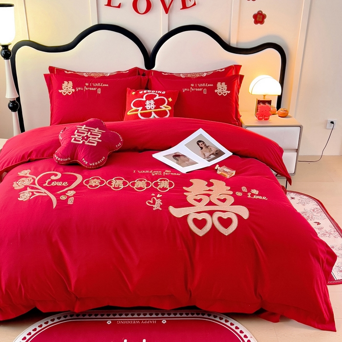 91家纺网 家纺一手货源 找家纺 2025新款100支150克双面长绒棉婚庆绣花四件套 幸福美满