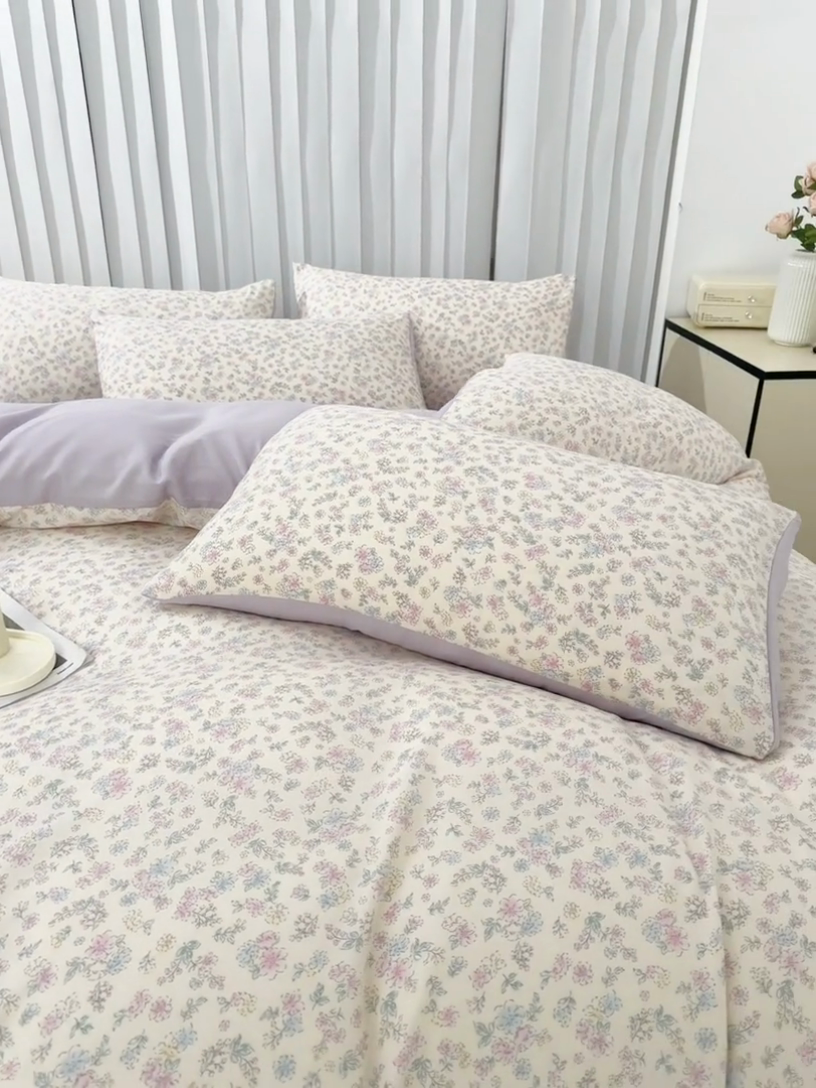 91家纺网 家纺一手货源 找家纺 蕾诺家纺 2025新款直播新款A类有氧提花云纱棉圆角吊边工艺四件套学生三件套 紫色郁金香