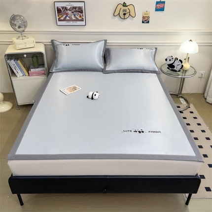 星座家纺 2025新款600D熊猫烫画冰丝凉席三件套 清凉深灰