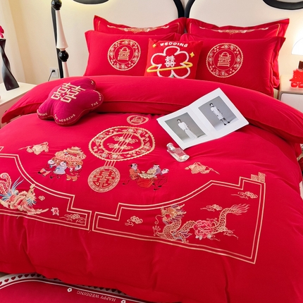 91家纺网 家纺一手货源 找家纺 （总）2025新款100支150克双面长绒棉婚庆绣花四件套