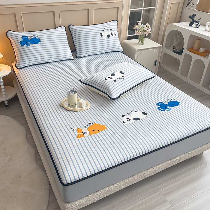 91家纺网 家纺一手货源 找家纺 炫拼  2025新款A类凉豆豆提花条纹卡通刺绣床笠席三件套 趴趴睡