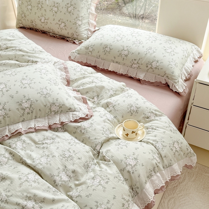 91家纺网 家纺一手货源 找家纺 晨晨家纺2025新款全棉双层花边双层纱四件套 浮生半日-绿