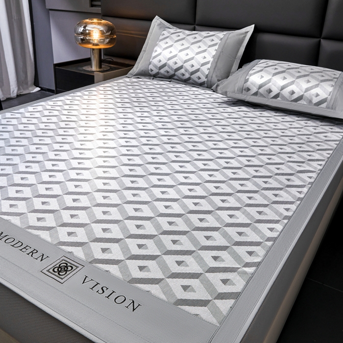 91家纺网 家纺一手货源 找家纺 全季家居 2025新款5A抗菌3D立体冰柔凉感冰丝席 格调-银灰 床笠款