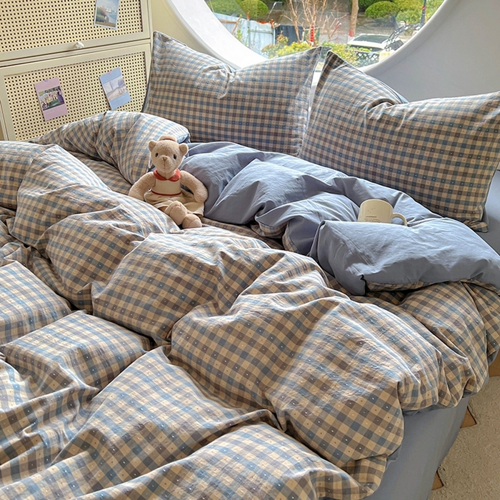 91家纺网 家纺一手货源 找家纺 田野 2025新款全棉水洗棉提花点点系列四件套 点点-深蓝