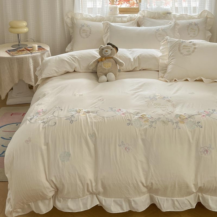 91家纺网 家纺一手货源 找家纺 ab家纺2025新款全棉水洗棉绣花四件套-夏莉儿 夏莉儿-淡奶油