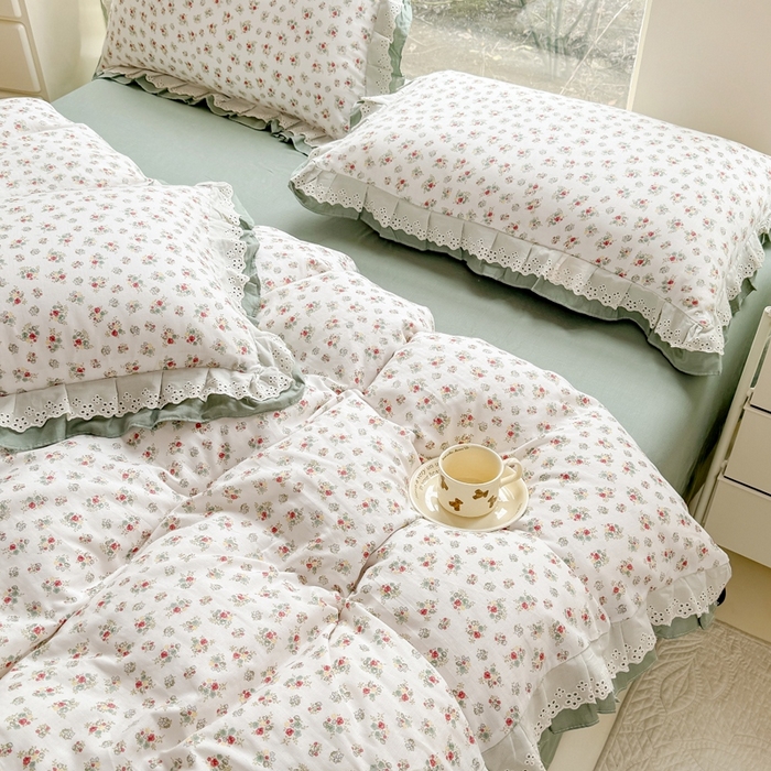 91家纺网 家纺一手货源 找家纺 晨晨家纺2025新款全棉双层花边双层纱四件套 花知晓