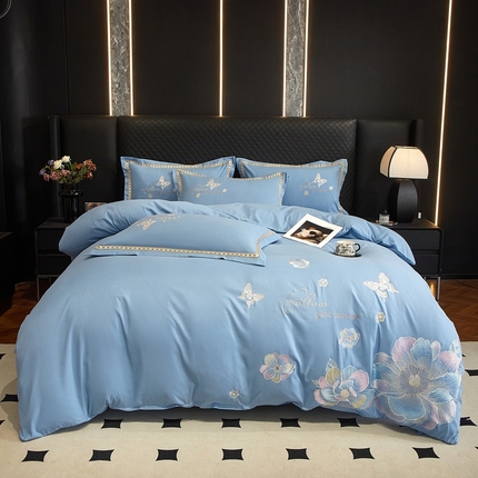 佳宇轩 2025爆款水洗棉五彩刺绣四件套简约轻奢织带绣花床单床笠被罩4件套-牡丹 牡丹-湖蓝