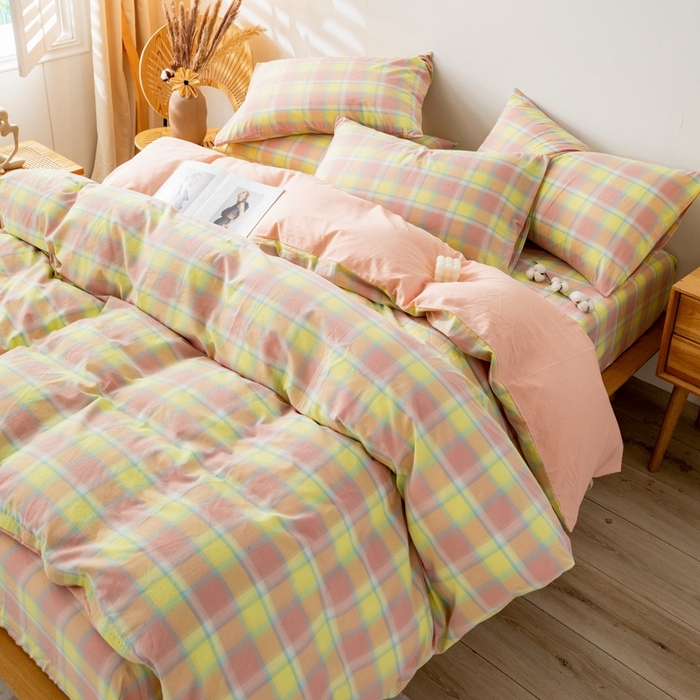 91家纺网 家纺一手货源 找家纺 2025新款A类色织水洗棉单被套 弗暖粉黄