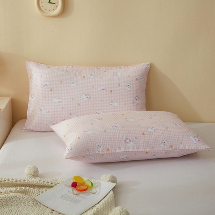 91家纺网 家纺一手货源 找家纺 2025款A类母婴级全棉双层纱枕套_4032 格子狗粉