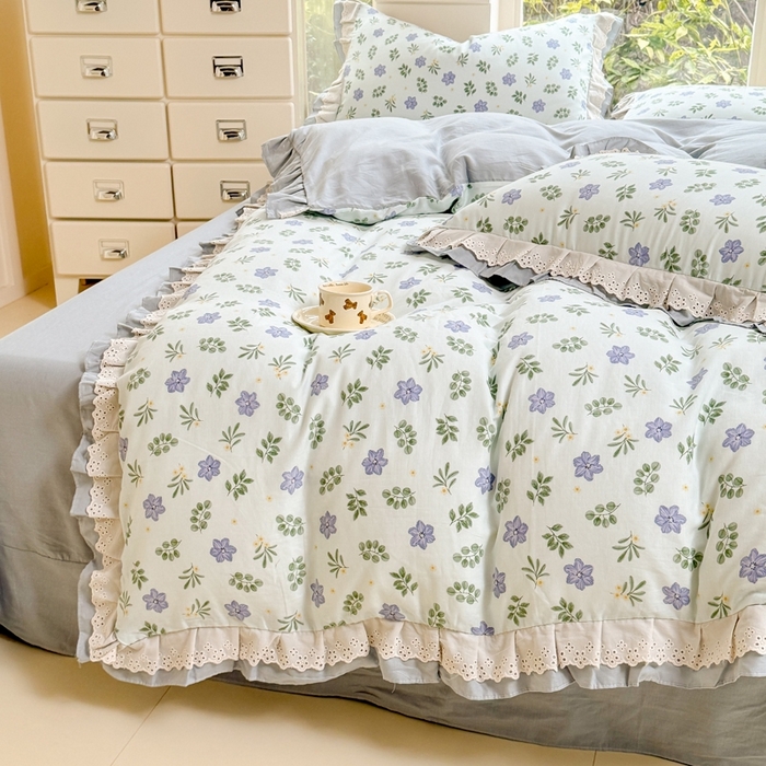 91家纺网 家纺一手货源 找家纺 晨晨家纺2025新款全棉双层花边双层纱四件套 浅浅花漾