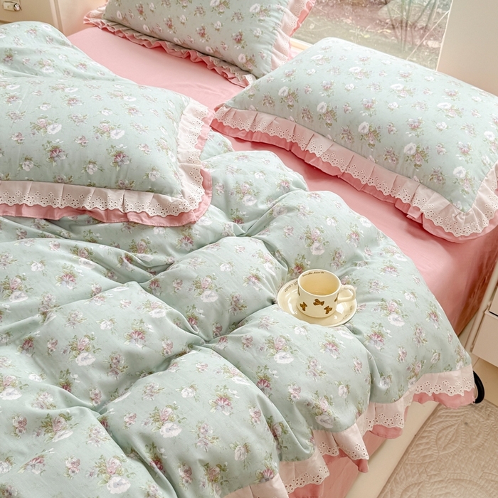 91家纺网 家纺一手货源 找家纺 晨晨家纺2025新款全棉双层花边双层纱四件套 秘密花园