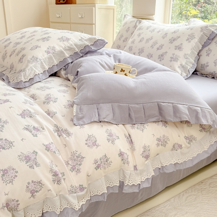 91家纺网 家纺一手货源 找家纺 晨晨家纺2025新款全棉双层花边双层纱四件套 紫香甜语