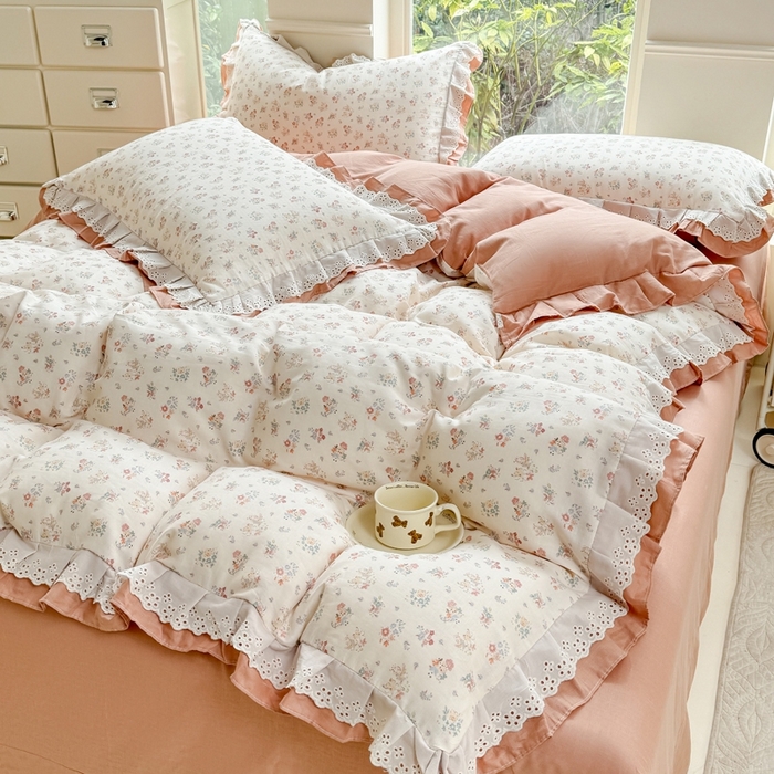 91家纺网 家纺一手货源 找家纺 晨晨家纺2025新款全棉双层花边双层纱四件套 七里香