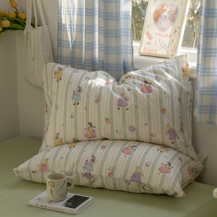 塔塔家居   2025新款全棉纯棉双层纱枕套单品单枕套枕套单件 桃桃少女·绿