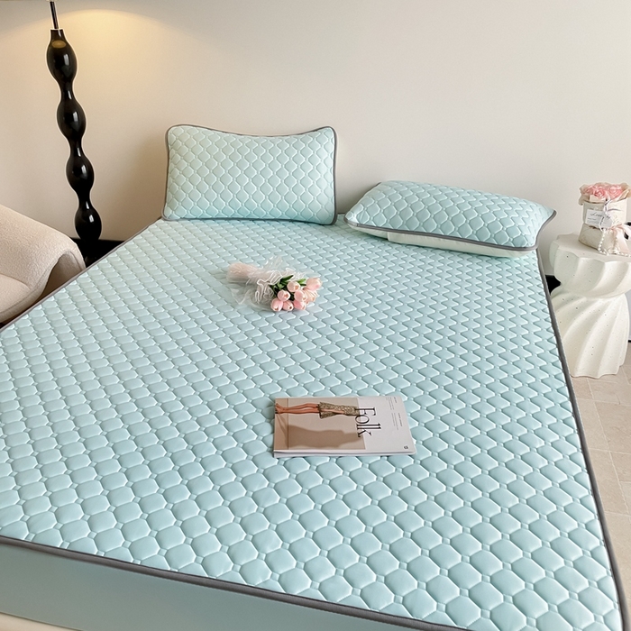 91家纺网 家纺一手货源 找家纺 2025新款加厚乳胶床笠款经典纯色夏被套件 方格-湖蓝