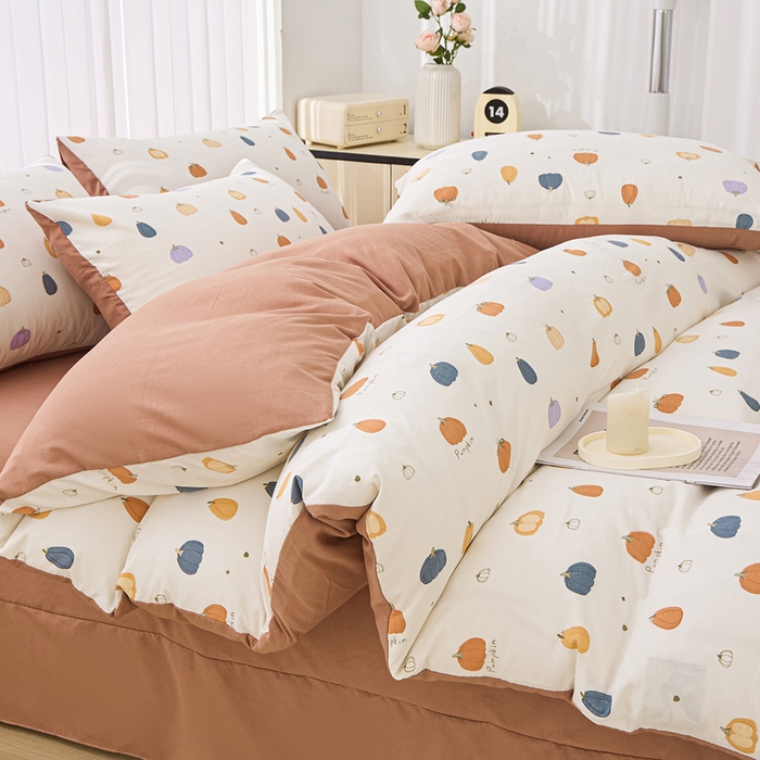 91家纺网 家纺一手货源 找家纺 蕾诺家纺 2025新款直播新款A类有氧提花云纱棉圆角吊边工艺四件套学生三件套 小南瓜